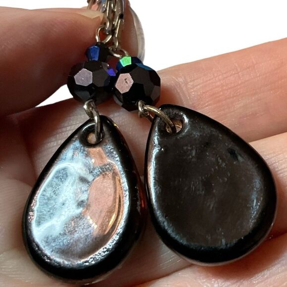Dichroic Glass Dangle Pierced Earrings Browns Silver Tone Oval Artisan 2.25” - Picture 3 of 5